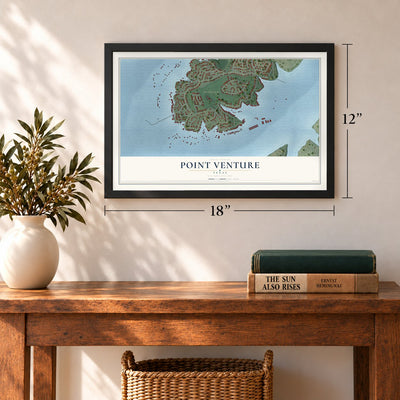 Point Venture, Texas map, 12 x 18 inch print in a black frame in an entryway