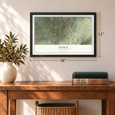Avoca, Pennsylvania map, 12 x 18 inch print in a black frame in an entryway
