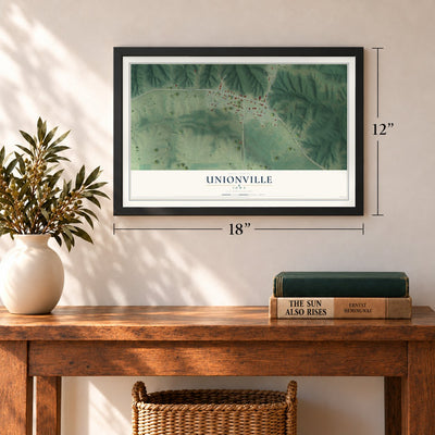 Unionville, Iowa map, 12 x 18 inch print in a black frame in an entryway
