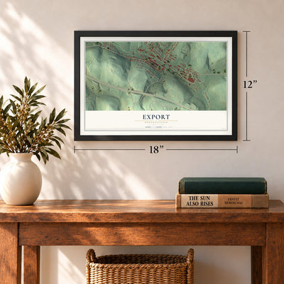 Export, Pennsylvania map, 12 x 18 inch print in a black frame in an entryway