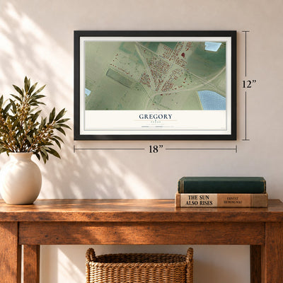 Gregory, Texas map, 12 x 18 inch print in a black frame in an entryway