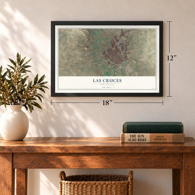 Las Cruces, New Mexico map, 12 x 18 inch print in a black frame in an entryway