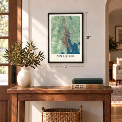 New Bedford, Massachusetts map, 12 x 18 inch print in a black frame in an entryway