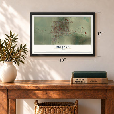 Big Lake, Texas map, 12 x 18 inch print in a black frame in an entryway