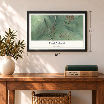 Scalp Level, Pennsylvania map, 12 x 18 inch print in a black frame in an entryway