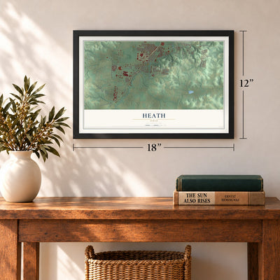 Heath, Ohio map, 12 x 18 inch print in a black frame in an entryway