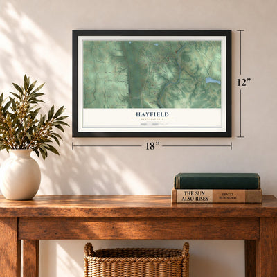 Hayfield, Pennsylvania map, 12 x 18 inch print in a black frame in an entryway