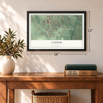 Latham, New York map, 12 x 18 inch print in a black frame in an entryway