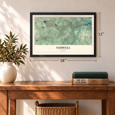 Norwell, Massachusetts map, 12 x 18 inch print in a black frame in an entryway