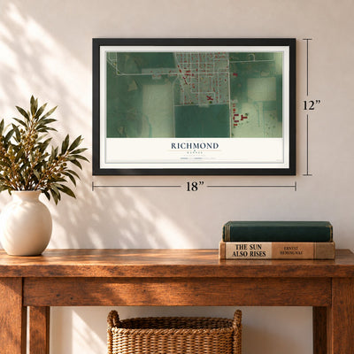 Richmond, Kansas map, 12 x 18 inch print in a black frame in an entryway