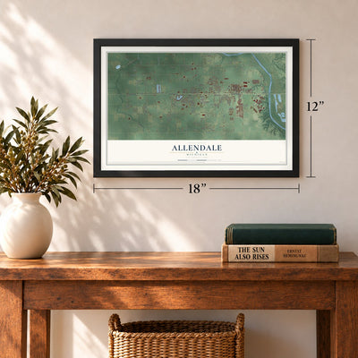 Allendale, Michigan map, 12 x 18 inch print in a black frame in an entryway