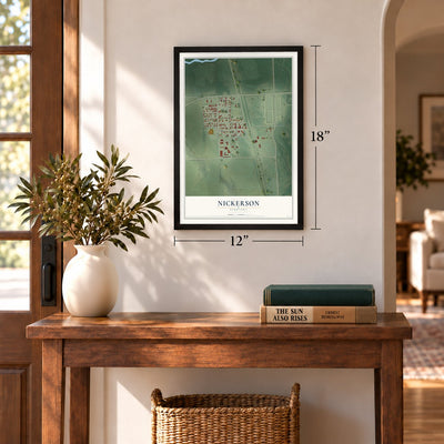Nickerson, Nebraska map, 12 x 18 inch print in a black frame in an entryway