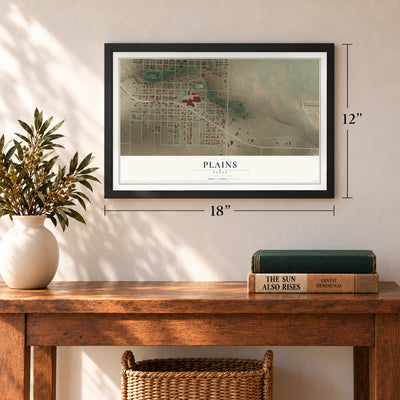 Plains, Texas map, 12 x 18 inch print in a black frame in an entryway