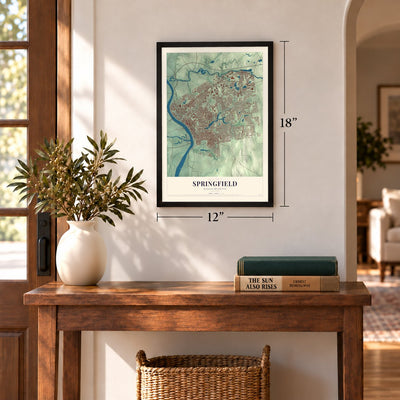 Springfield, Massachusetts map, 12 x 18 inch print in a black frame in an entryway