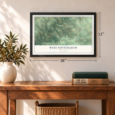 West Nottingham, Pennsylvania map, 12 x 18 inch print in a black frame in an entryway