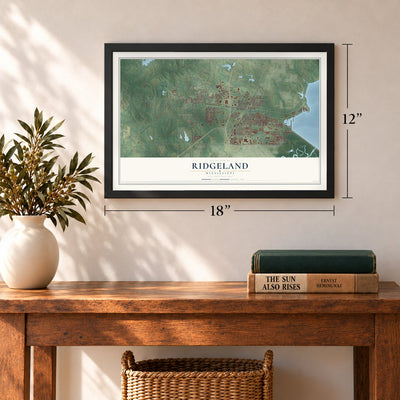 Ridgeland, Mississippi map, 12 x 18 inch print in a black frame in an entryway