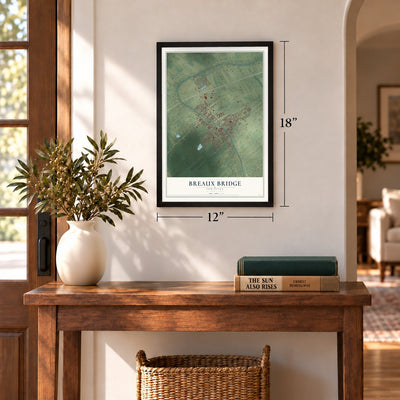Breaux Bridge, Louisiana map, 12 x 18 inch print in a black frame in an entryway