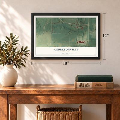 Andersonville, Georgia map, 12 x 18 inch print in a black frame in an entryway