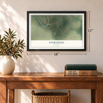 Evergreen, Louisiana map, 12 x 18 inch print in a black frame in an entryway