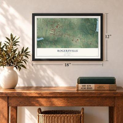 Rogersville, Alabama map, 12 x 18 inch print in a black frame in an entryway