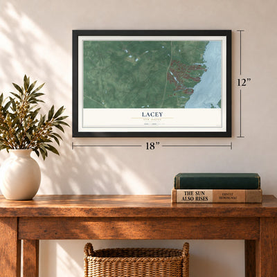 Lacey, New Jersey map, 12 x 18 inch print in a black frame in an entryway