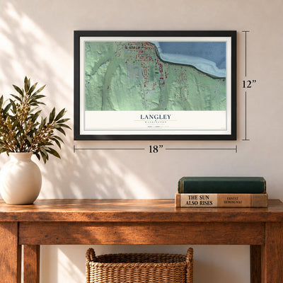 Langley, Washington map, 12 x 18 inch print in a black frame in an entryway
