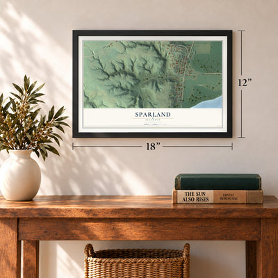 Sparland, Illinois map, 12 x 18 inch print in a black frame in an entryway