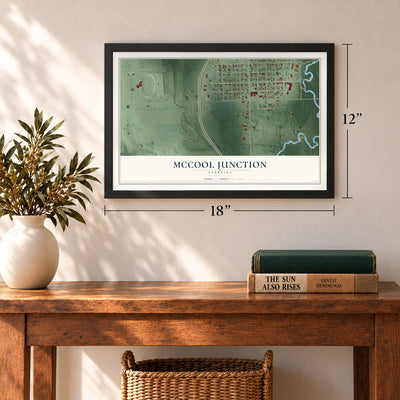 McCool Junction, Nebraska map, 12 x 18 inch print in a black frame in an entryway