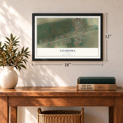 Coahoma, Texas map, 12 x 18 inch print in a black frame in an entryway