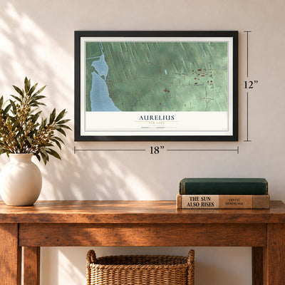 Aurelius, New York map, 12 x 18 inch print in a black frame in an entryway