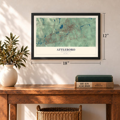 Attleboro, Massachusetts map, 12 x 18 inch print in a black frame in an entryway