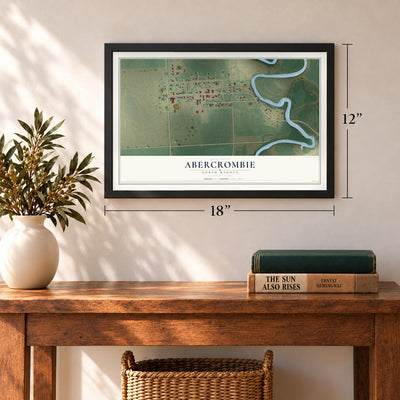Abercrombie, North Dakota map, 12 x 18 inch print in a black frame in an entryway