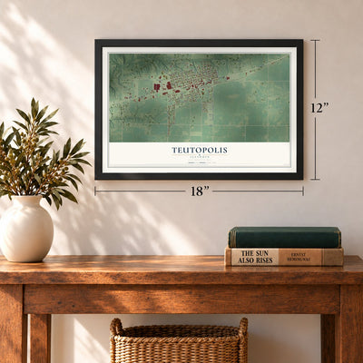 Teutopolis, Illinois map, 12 x 18 inch print in a black frame in an entryway