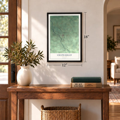 Chateaugay, New York map, 12 x 18 inch print in a black frame in an entryway