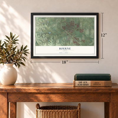 Boerne, Texas map, 12 x 18 inch print in a black frame in an entryway
