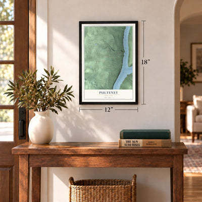 Pulteney, New York map, 12 x 18 inch print in a black frame in an entryway