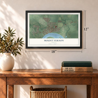 Mount Vernon, Indiana map, 12 x 18 inch print in a black frame in an entryway