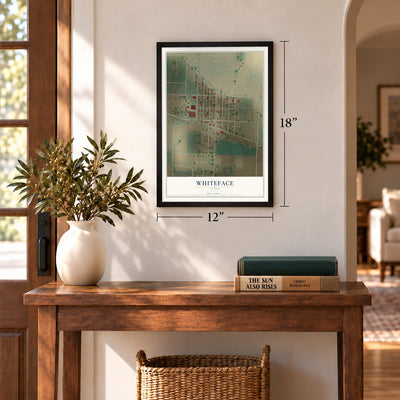 Whiteface, Texas map, 12 x 18 inch print in a black frame in an entryway