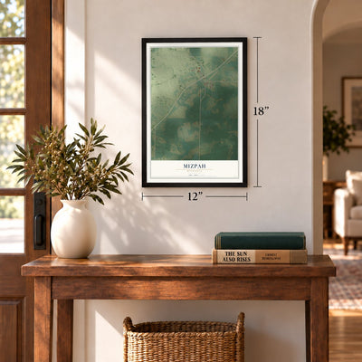 Mizpah, Minnesota map, 12 x 18 inch print in a black frame in an entryway