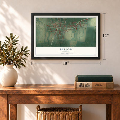 Barlow, Kentucky map, 12 x 18 inch print in a black frame in an entryway