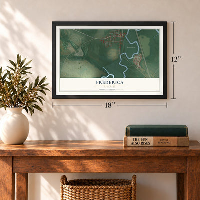 Frederica, Delaware map, 12 x 18 inch print in a black frame in an entryway