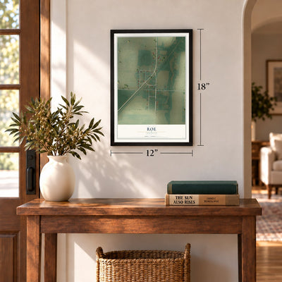 Roe, Arkansas map, 12 x 18 inch print in a black frame in an entryway
