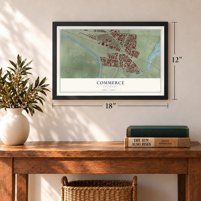 Commerce, California map, 12 x 18 inch print in a black frame in an entryway