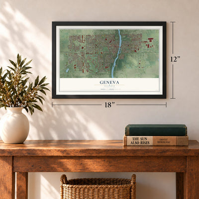 Geneva, Illinois map, 12 x 18 inch print in a black frame in an entryway