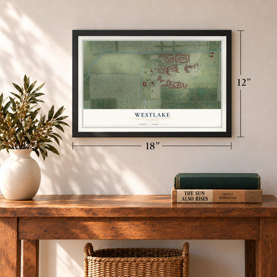 Westlake, Florida map, 12 x 18 inch print in a black frame in an entryway