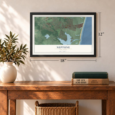 Neptune, New Jersey map, 12 x 18 inch print in a black frame in an entryway