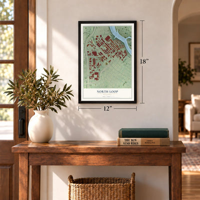 North Loop, Minnesota map, 12 x 18 inch print in a black frame in an entryway
