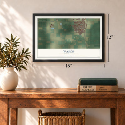 Wasco, California map, 12 x 18 inch print in a black frame in an entryway