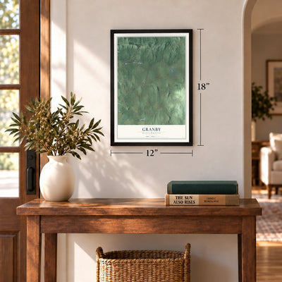 Granby, Massachusetts map, 12 x 18 inch print in a black frame in an entryway