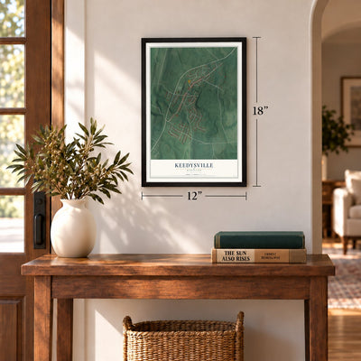 Keedysville, Maryland map, 12 x 18 inch print in a black frame in an entryway
